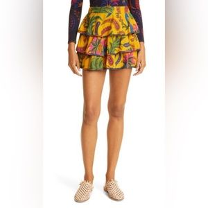 Farm Rio | Yellow Tropical Tapestry Mini Skirt | Tiered | Size Medium - NWT